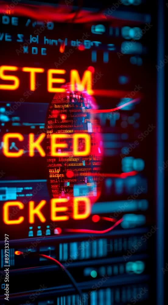 Poster cybersecurity breach alert: system hacked warning on server data panel with glowing vulnerable code 