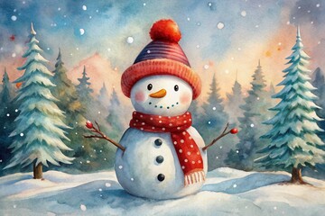 Fototapeta premium Charming watercolor snowman with bright red hat and scarf, carrot nose, and coal eyes, standing alone in a whimsical winter wonderland scene.