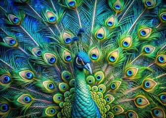 Obraz premium Vibrant peacock feathers unfold in a stunning display of blue and green hues with intricate patterns on a clean minimalistic background, perfect for carnival costumes.