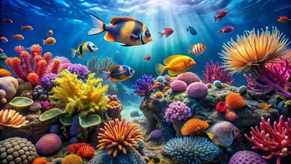 Vibrant coral reef ecosystem teeming with diverse marine life, colorful fish, and delicate sea anemones, set against a soft, blurred blue background, showcasing underwater beauty.