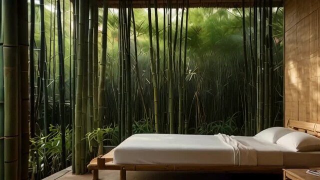 Minimalist Bedroom with a View of a Bamboo Forest