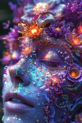 Floral Cosmos: Ethereal Face Adorned with Galaxy