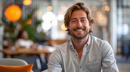 Naklejka premium Confident and Successful: A portrait of a handsome, smiling man radiating confidence and success in a modern office setting.