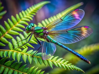 Vibrant dragonfly with iridescent blue and green wings perched on a delicate fern, surrounded by lush greenery in a serene natural outdoor setting.