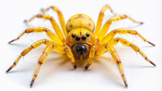 Close-up of a bright yellow sac spider with striking black eyes and intricate leg patterns, isolated on a pure white background for maximum visibility.