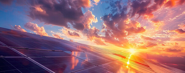 Sunset over a vast field of solar panels renewable