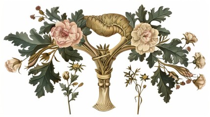 Fototapeta premium A symbolic representation of the uterus, depicted with floral and leaf motifs, symbolizing the female reproductive system 