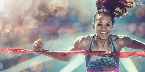african female runner crosses the finish line with a look of pure joy and accomplishment on her face.