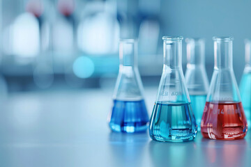 Colorful chemical solutions in glass beakers in a laboratory setting, blurred background, focus on foreground beakers.