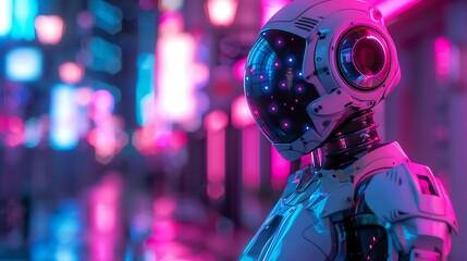 A futuristic android robot standing in a city with neon lights.