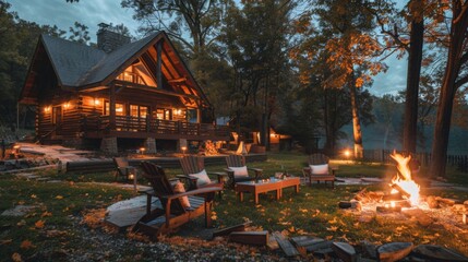 A cozy log cabin sits under a twilight sky as a bonfire crackles in the yard. Chairs are set up around the fire, inviting guests to gather and enjoy the warmth.