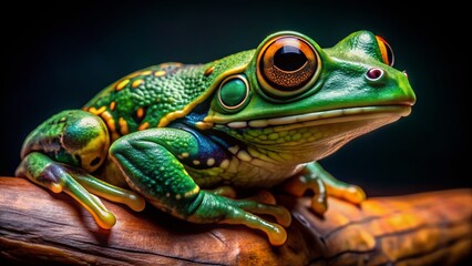 Obraz premium Vibrant green exotic frog with intricate skin texture and golden eyes perches on dark background, showcasing its natural beauty in stunning close-up detail.