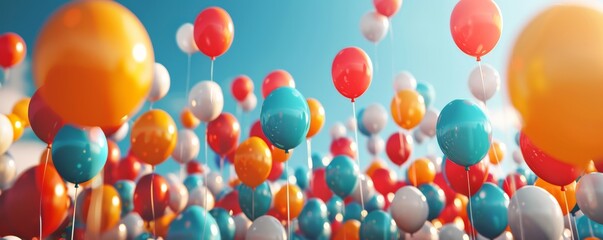 Colorful balloons floating against blue sky in a festive outdoor celebration