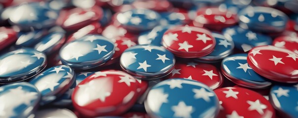 Pile of patriotic red, white, and blue campaign buttons with star patterns