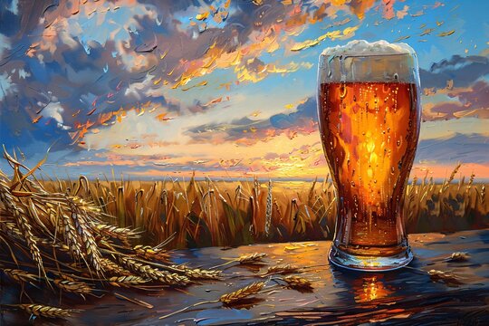 Glass of fresh amber beer on wheat ears field. Beer brewery and harvest concept. International Beer Day. Peterborough Beer Festival, Oktoberfest. Background with copy space for banner, poster