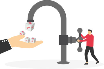 Market share percentage of industry sale, battle to gain more sale. Businessman opening water tap and cube block with percentage symbol icons fall from faucet. Flat vector illustration

