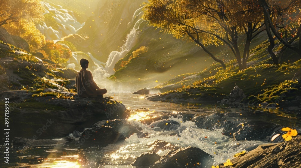Poster a man sits in meditation on a rock overlooking a flowing stream and waterfall. golden sunlight shine