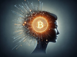 A person's profile with a burst of geometric shapes and lines emanating from the head, and all ideas only about digital currency – bitcoin.