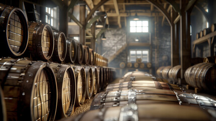 A large room filled with barrels of alcohol