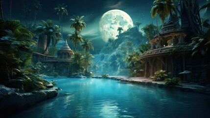 Obraz premium photograph of a tranquil turquoise oasis bathed in the soft glow of the moon, inviting contemplation and serenity