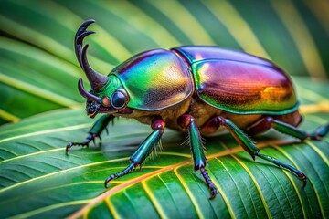 Fototapeta premium Vibrant close-up of a rhinoceros beetle on a lush green leaf, highlighting its striking horns and iridescent shell, set against a serene natural backdrop.