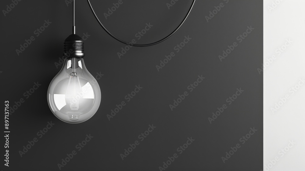 Poster minimalist light bulb hanging against a gray and white background. simplicity and modern design conc