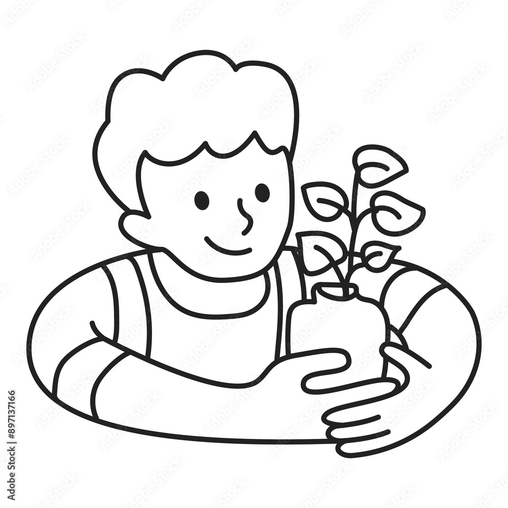 Wall mural png kid holding plant flat line sticker, transparent background