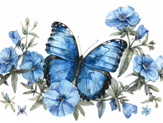 Watercolor Blue Butterfly with Wildflowers, Generative AI Illustration