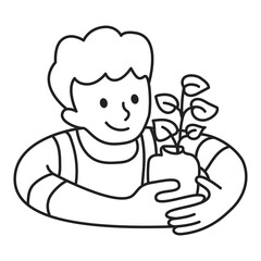 PNG Kid holding plant flat line sticker, transparent background