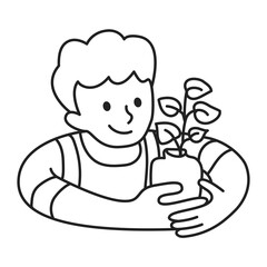 PNG Kid holding plant line drawing sticker, transparent background