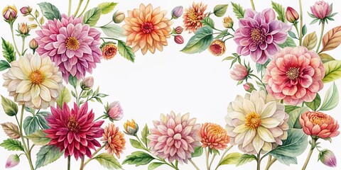 Whimsical watercolor illustration of a rustic floral border frame on transparent background, featuring dahlias, perfect for spring and summer designs with ample copy space.