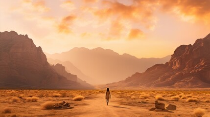 photograph of a woman with a captivating smile standing against a backdrop of towering desert mountains bathed in golden sunlight