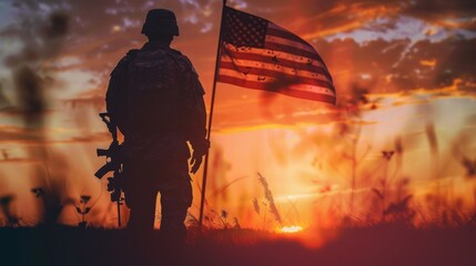 Obraz premium A silhouette of a soldier with the American flag at sunset, symbolizing patriotism, sacrifice, freedom, courage, and hope.