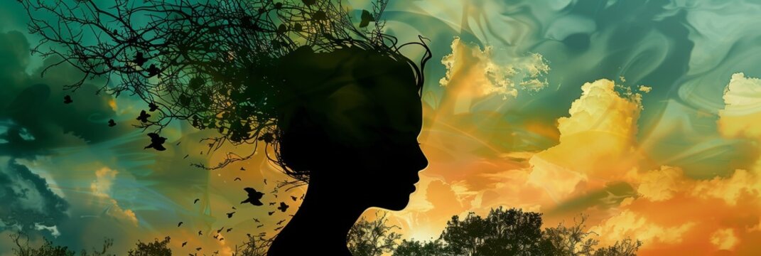 A woman's silhouette is surrounded by swirling branches and leaves, representing the interconnectedness of nature, growth, and transformation. The vibrant sky symbolizes the possibilities that lie ahe