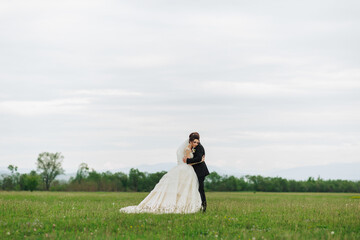 Fototapeta premium A bride and groom are standing in a field, embracing each other. The scene is peaceful and romantic, with the couple surrounded by nature