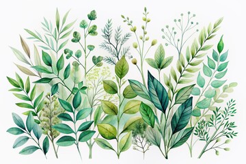 Delicate green watercolor foliage and plants on white background, featuring botanical spring and summer leaves illustration, perfect for wedding invitations and greeting cards.