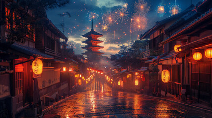 a image about Japan summer Festival, night, with fireworks in the sky, japanese travel poster