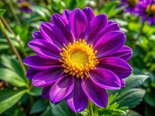 Obraz premium Vibrant purple petals delicately curled around a bright yellow center, surrounded by lush green leaves, capturing the beauty of a solitary blooming flower.