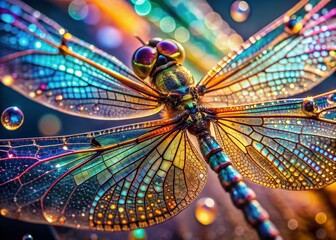 Vibrant iridescent dragonfly wings with delicate water droplets sparkle in the sunlight, showcasing intricate details and mesmerizing colors in this stunning macro photograph.