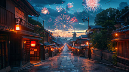 a image about Japan summer Festival, night, with fireworks in the sky, japanese travel poster
