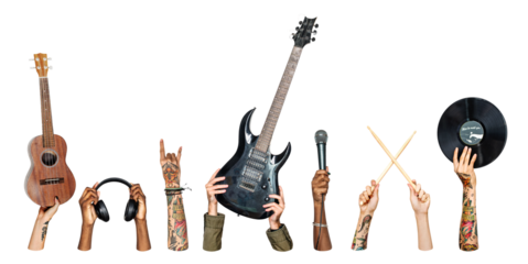 PNG Hands holding music instruments, collage element, transparent background