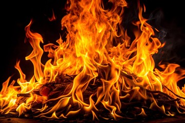 Blazing Fire Texture on Black Background, Fiery Flames on Dark Canvas, Burning Flames Abstract Background
