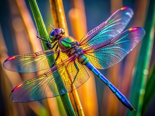 Vibrant iridescent dragonfly perched on a slender reed, showcasing delicate wings, intricate details, and mesmerizing colors in stunning 8K ultra-high-resolution cinematic photography.