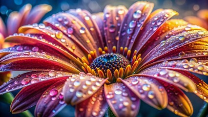 Vibrant macro shots of wet blooming flowers glisten with morning dew, showcasing intricate details and delicate petals in stunning close-up professional floral photography.