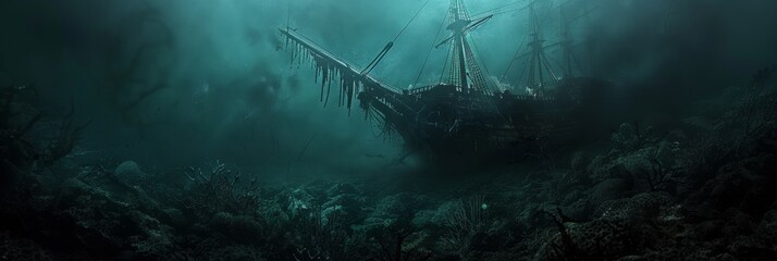 A ghostly shipwreck lies submerged in the deep ocean, its masts reaching towards the surface like skeletal fingers. The ship's hull is covered in barnacles and seaweed, and the surrounding waters are 