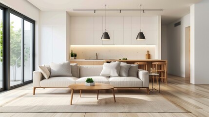 Fototapeta premium Minimalist interior uptodate current, clean lines, modern materials, neutral palette, spacious layout, 3D, high precision