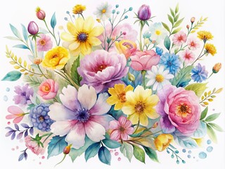Vibrant watercolor flowers in soft pink, yellow, blue, and purple hues bloom on a crisp white background, creating a beautiful, delicate, and dreamy floral arrangement.