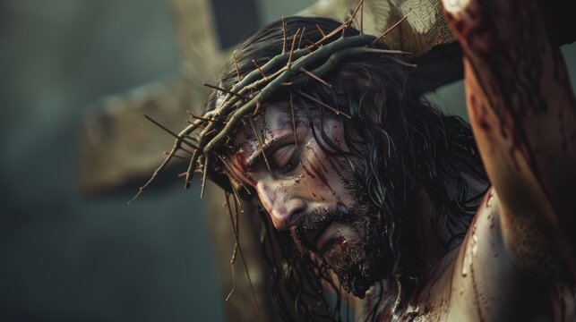 This image captures the pain and sacrifice of Jesus Christ on the cross. His crown of thorns, bloodied face, and outstretched arms symbolize his suffering and love for humanity.