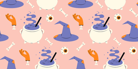 Cute Halloween seamless pattern with cauldron, hat, hand and eyes on pink background. Various flat elements. Pattern for wrapping paper and print design. Stock illustration in cartoon style