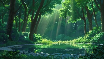 Obraz premium a forest with a pond in the middle, anime cartoon style